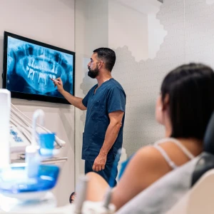Dentist explaining a panoramic dental X-ray to a patient during an implant dentistry in San Bernardino consultation