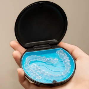 Clear aligners in a case for invisalign in San Bernardino treatment